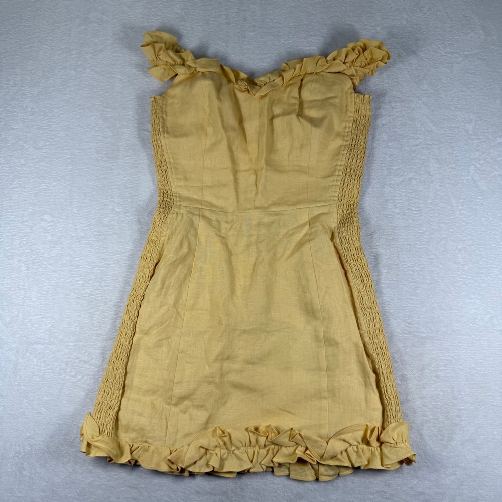 Reformation Yellow Linen Ruffle Smocked‎ Mini Dress Size 10 Off Shoulder Summer
